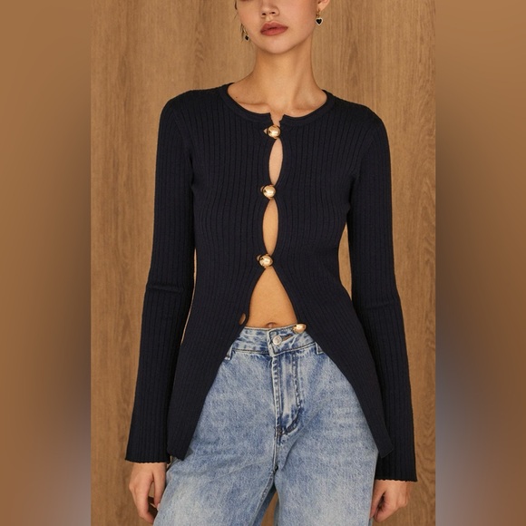 Golden Button Split Knit Top (NWT) - Picture 2 of 5